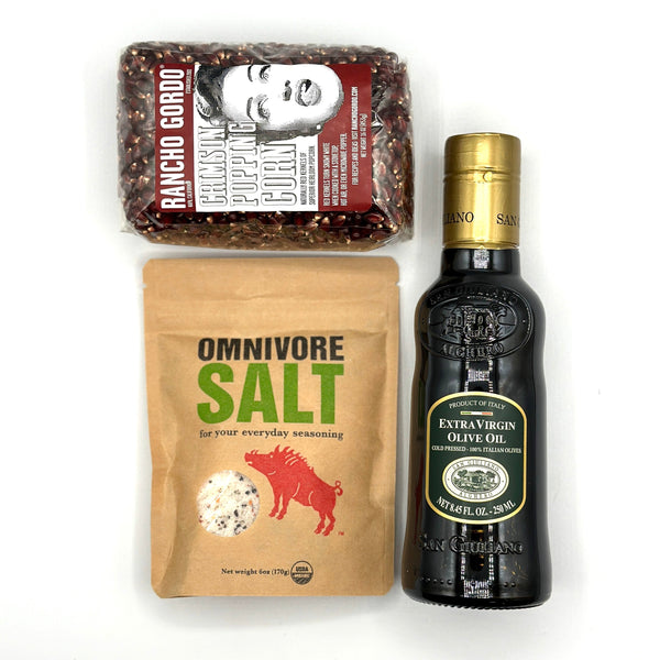 3 products make up this trio;1 - 1 lb bag of Rancho Gordo Crimson popping corn, 1- 250 ml bottle of cold pressed extra virgin olive oil and 1 -6oz bag of the Classic salt blend