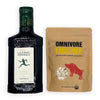 A bottle of Laudemio Frescobaldi olive oil next to a brown stand-up pouch of Omnivore Limone salt blend, displayed on a clean white background.