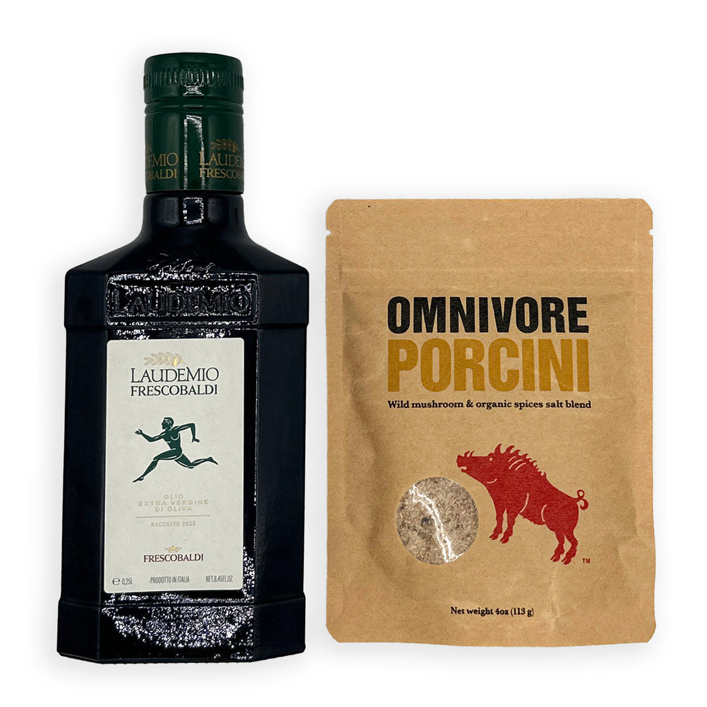 Glass Bottle of Laudemio Frescobali extra virgin olive oil and a bag of Porcini sea salt blend.